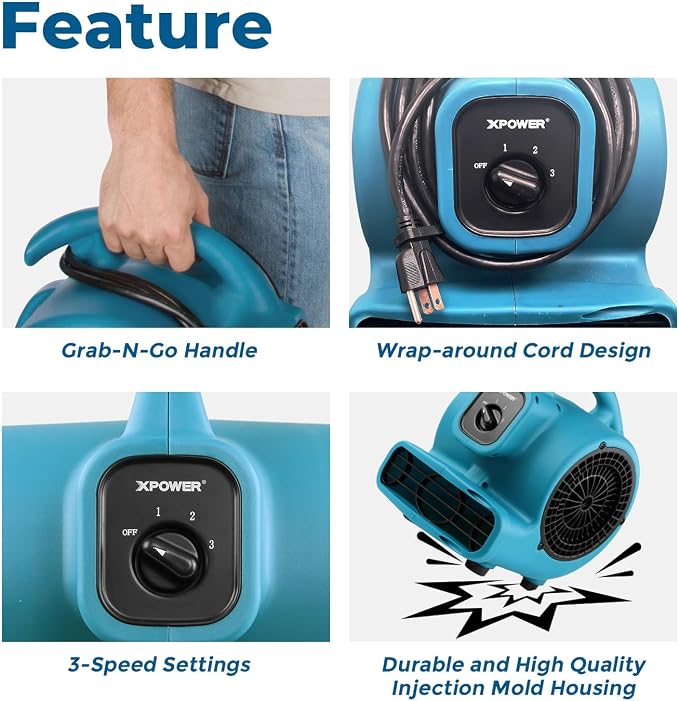 P-80 Mini Utility 600 CFM Centrifugal Air Mover, Floor Fan, Blower, Stackable, for Drying,Cooling, Ventilating, Home Use