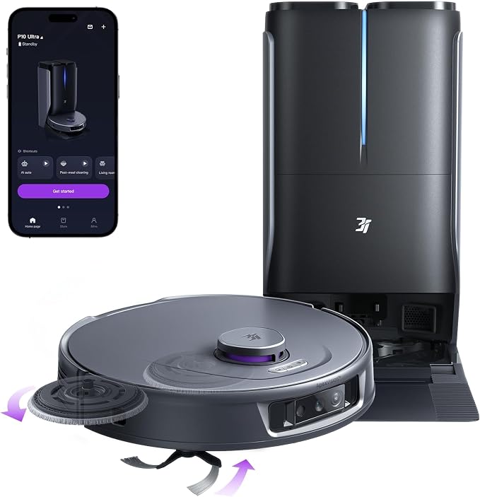 P10 Ultra Robot Vacuum and Mop Combo, 18,000 Pa Suction, Self-Emptying, Auto-Extending Edge Mopping, 140°F Hot-Water
