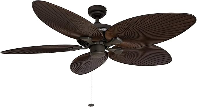 Palm Island, 52 Inch Tropical Indoor Outdoor Ceiling Fan with No Light, Pull Chain, Dual Mounting Options, 5 Palm Leaf
