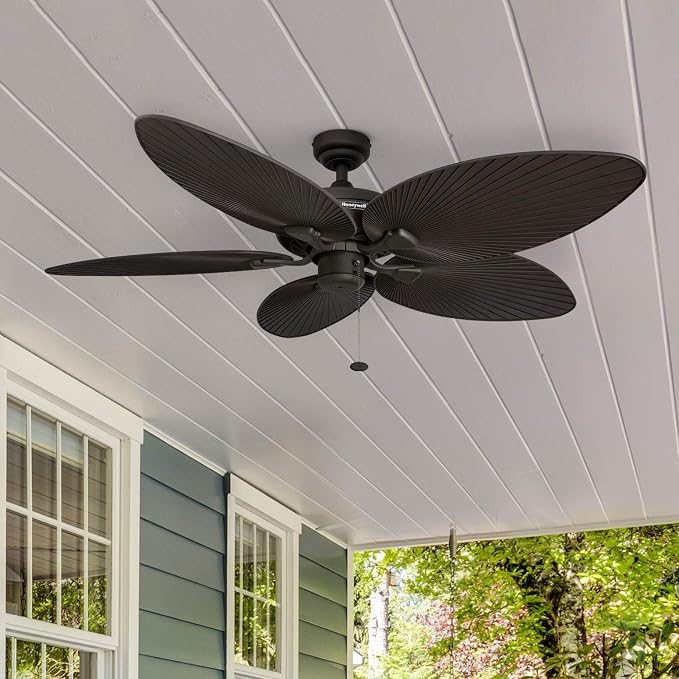 Palm Island, 52 Inch Tropical Indoor Outdoor Ceiling Fan with No Light, Pull Chain, Dual Mounting Options, 5 Palm Leaf