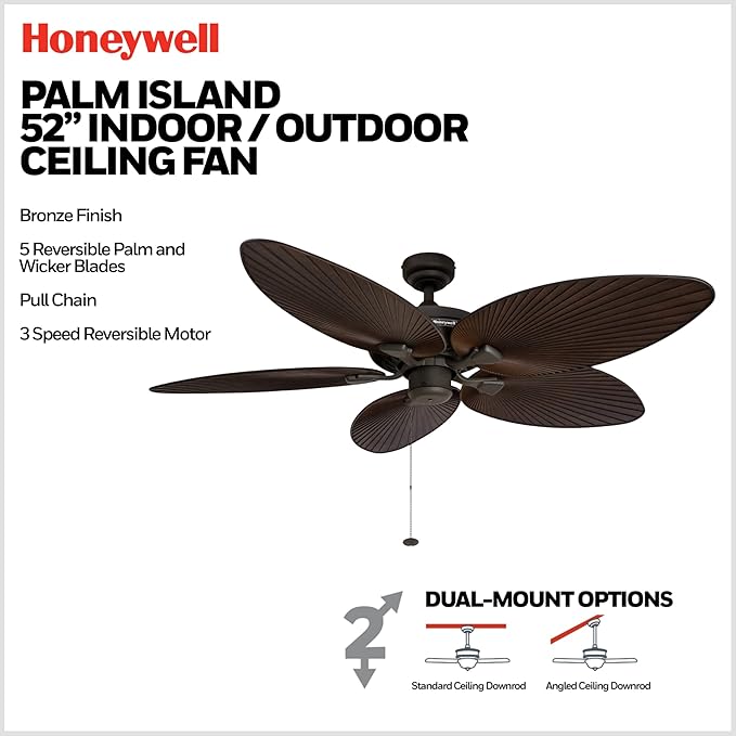 Palm Island, 52 Inch Tropical Indoor Outdoor Ceiling Fan with No Light, Pull Chain, Dual Mounting Options, 5 Palm Leaf
