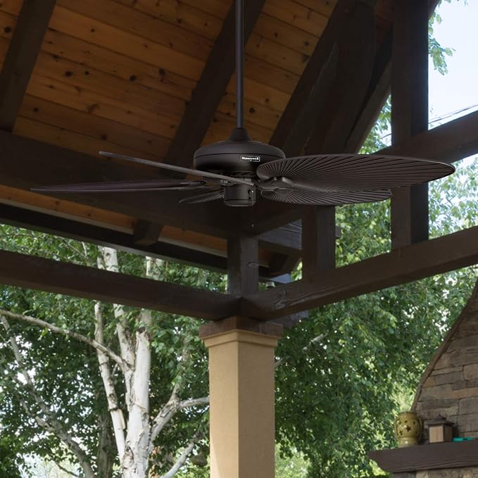 Palm Island, 52 Inch Tropical Indoor Outdoor Ceiling Fan with No Light, Pull Chain, Dual Mounting Options, 5 Palm Leaf