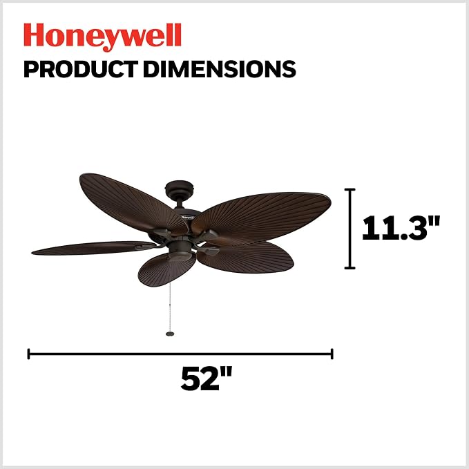 Palm Island, 52 Inch Tropical Indoor Outdoor Ceiling Fan with No Light, Pull Chain, Dual Mounting Options, 5 Palm Leaf