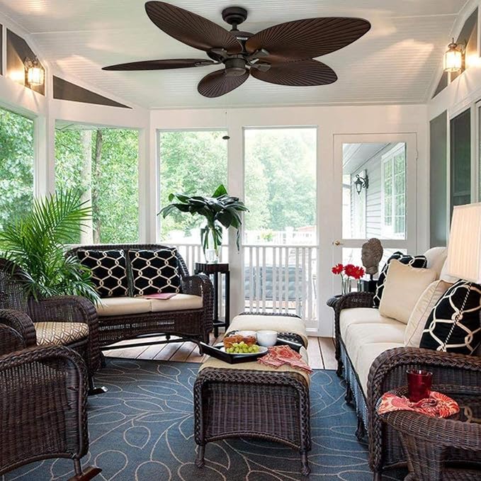 Palm Island, 52 Inch Tropical Indoor Outdoor Ceiling Fan with No Light, Pull Chain, Dual Mounting Options, 5 Palm Leaf