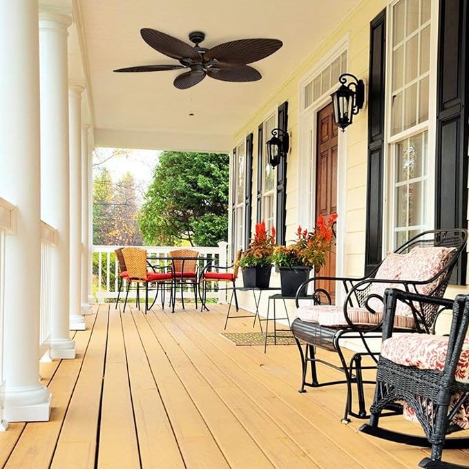 Palm Island, 52 Inch Tropical Indoor Outdoor Ceiling Fan with No Light, Pull Chain, Dual Mounting Options, 5 Palm Leaf
