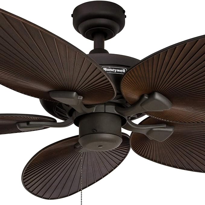 Palm Island, 52 Inch Tropical Indoor Outdoor Ceiling Fan with No Light, Pull Chain, Dual Mounting Options, 5 Palm Leaf