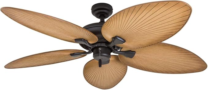 Palm Island 52 Inch Tropical Indoor Outdoor Ceiling Fan, LED Light, 5 Palm Leaf Blades, Pull Chain Control, Quiet Motor