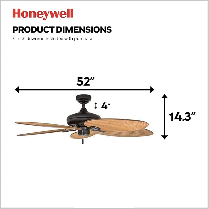 Palm Island 52 Inch Tropical Indoor Outdoor Ceiling Fan, LED Light, 5 Palm Leaf Blades, Pull Chain Control, Quiet Motor