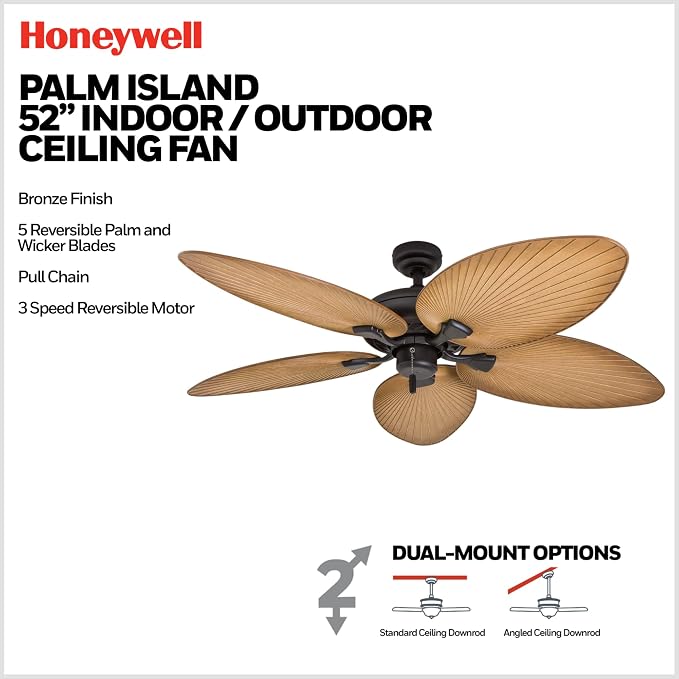 Palm Island 52 Inch Tropical Indoor Outdoor Ceiling Fan, LED Light, 5 Palm Leaf Blades, Pull Chain Control, Quiet Motor