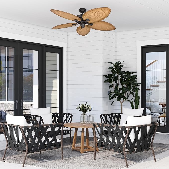 Palm Island 52 Inch Tropical Indoor Outdoor Ceiling Fan, LED Light, 5 Palm Leaf Blades, Pull Chain Control, Quiet Motor