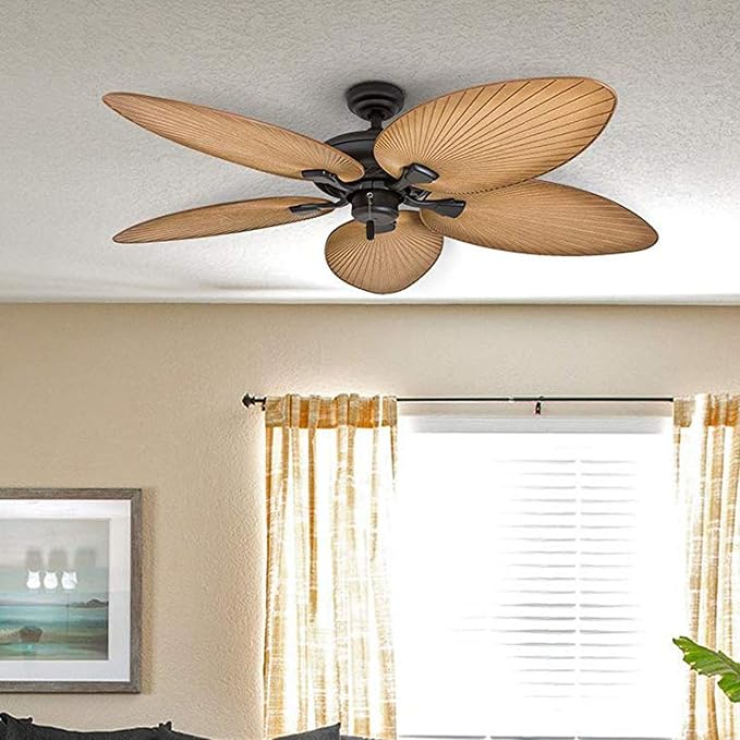 Palm Island 52 Inch Tropical Indoor Outdoor Ceiling Fan, LED Light, 5 Palm Leaf Blades, Pull Chain Control, Quiet Motor