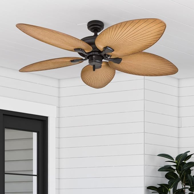 Palm Island 52 Inch Tropical Indoor Outdoor Ceiling Fan, LED Light, 5 Palm Leaf Blades, Pull Chain Control, Quiet Motor