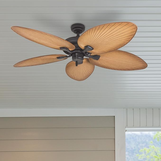 Palm Island 52 Inch Tropical Indoor Outdoor Ceiling Fan, LED Light, 5 Palm Leaf Blades, Pull Chain Control, Quiet Motor