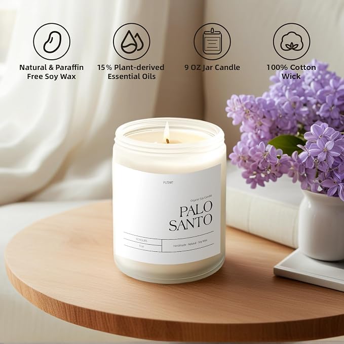 Palo Santo Highly Scented Candle for Home, 9oz Natural Soy Aromatherapy made from natural materials Candles with Essential