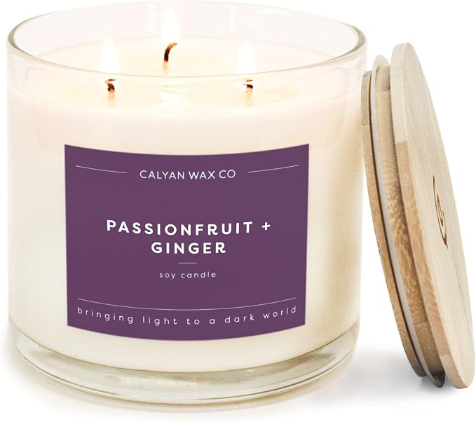 . Passionfruit & Ginger 3 Wick Scented Candle - 43 Hour Burn - Luxury 3 Wick Soy Candles, product image