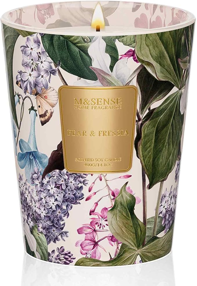 Pear Fressia Scented Natural Soy Wax Candle, 14.1oz 60 Hours Long Lasting Slow Burning Candles for Home Decor, Aromatherapy