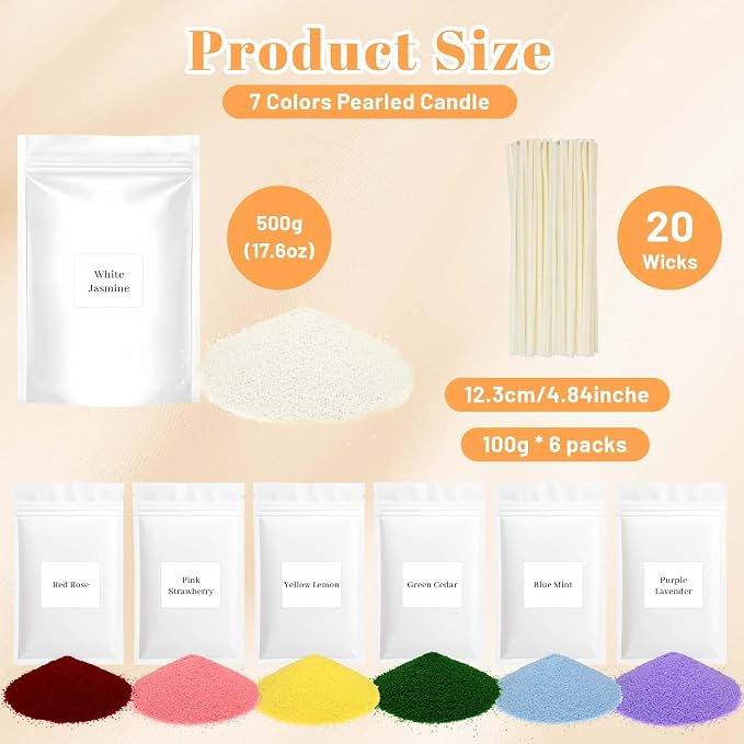 Pearled Candle Sand Wax with 20 Wicks, 7 Scented Candle Beads, Candle Refill Kit, Home Fragrance Decoration for Candle Making