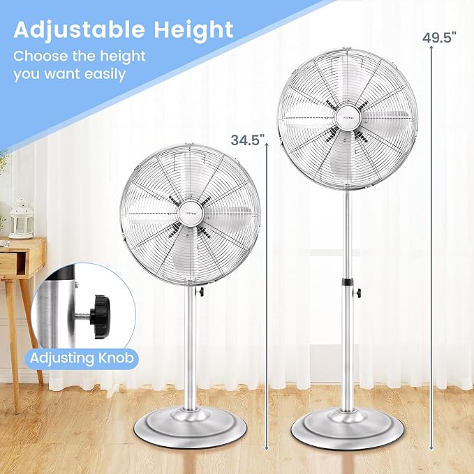 Pedestal Fan, 16 Inch Oscillating Fan w/ 3 Speeds & Adjustable Height, 75° Oscillation & 20° Tilt, Heavy Duty Metal Aluminum