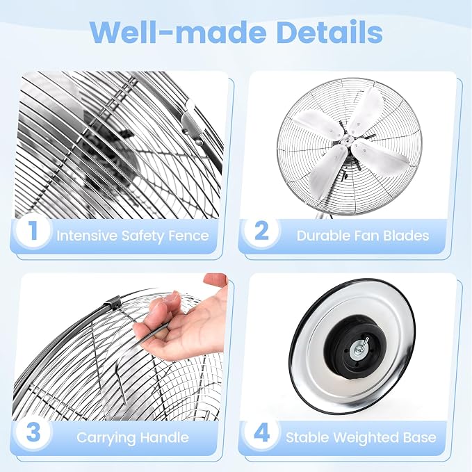 Pedestal Fan, 16 Inch Oscillating Fan w/ 3 Speeds & Adjustable Height, 75° Oscillation & 20° Tilt, Heavy Duty Metal Aluminum