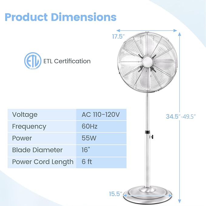 Pedestal Fan, 16 Inch Oscillating Fan w/ 3 Speeds & Adjustable Height, 75° Oscillation & 20° Tilt, Heavy Duty Metal Aluminum