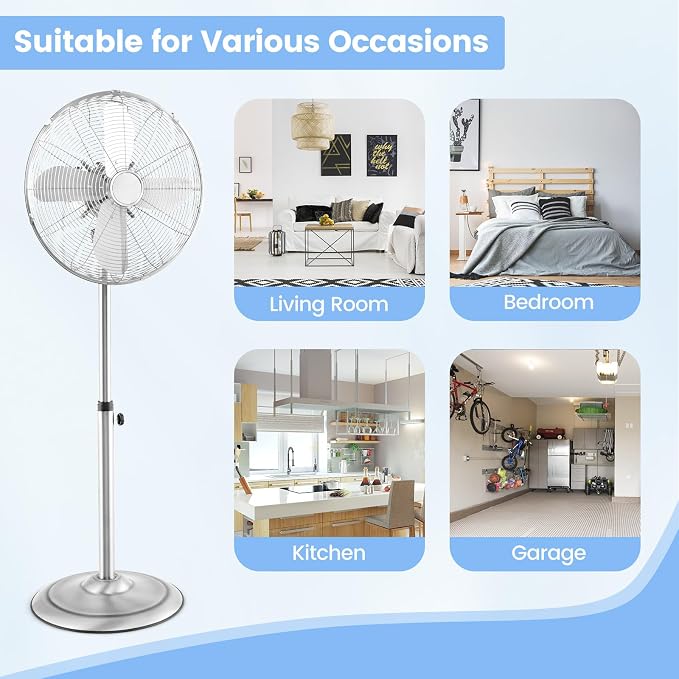 Pedestal Fan, 16 Inch Oscillating Fan w/ 3 Speeds & Adjustable Height, 75° Oscillation & 20° Tilt, Heavy Duty Metal Aluminum