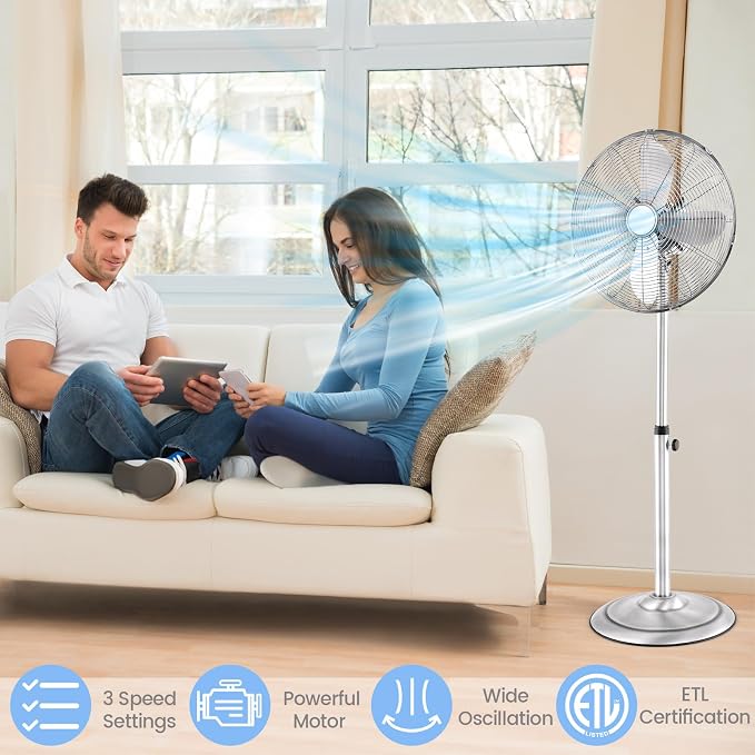 Pedestal Fan, 16 Inch Oscillating Fan w/ 3 Speeds & Adjustable Height, 75° Oscillation & 20° Tilt, Heavy Duty Metal Aluminum