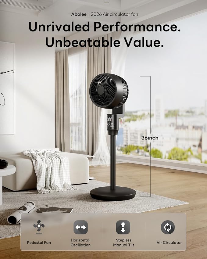 Pedestal Fan for Bedroom, 100ft Air Circulator Quiet Standing Fan, DC Motor, 4 Speeds & 4Modes, 24H Timer