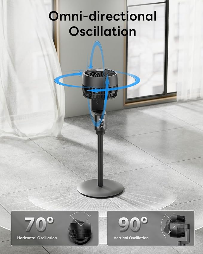 Pedestal Fan for Bedroom, 100ft Air Circulator Quiet Standing Fan, DC Motor, 4 Speeds & 4Modes, 24H Timer