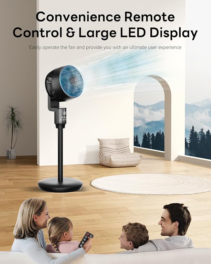 Pedestal Fan for Bedroom, 100ft Air Circulator Quiet Standing Fan, DC Motor, 4 Speeds & 4Modes, 24H Timer