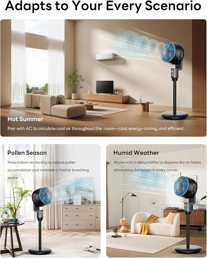 Pedestal Fan for Bedroom, 100ft Air Circulator Quiet Standing Fan, DC Motor, 4 Speeds & 4Modes, 24H Timer