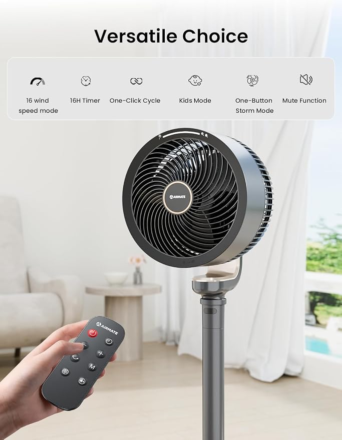 Pedestal Fan for Bedroom, 16-Speed DC Motor Standing Fan with Remote, 90°+90° Omni-Directional Oscillating, 1000CFM Airflow