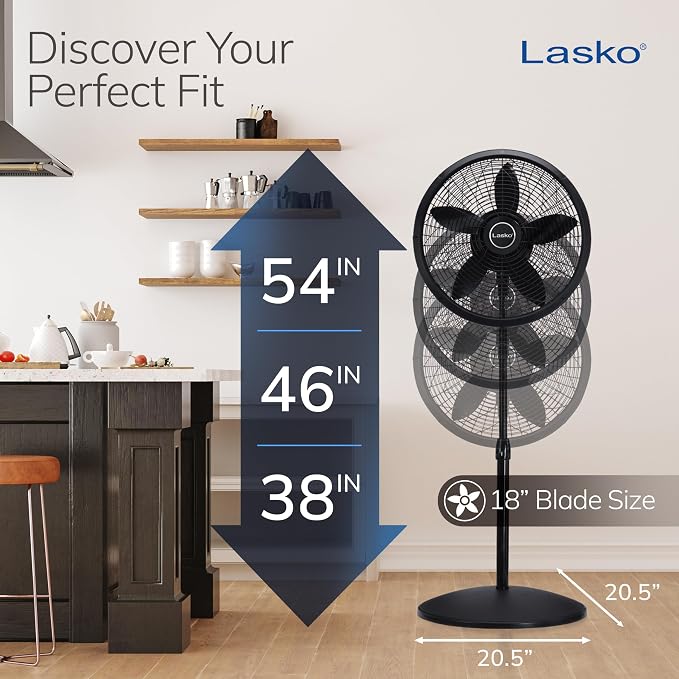 Pedestal Fan, Oscillating Fan for Bedroom with Adjustable Height and 3 Cooling Speeds, Portable, 18", Black, 1827, alternate