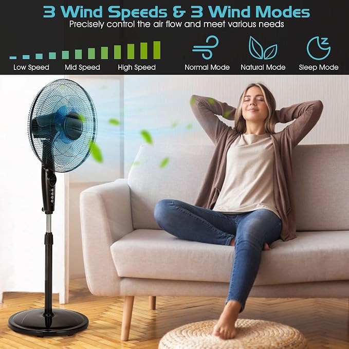 Pedestal Fan, Oscillating Standing Fan with Remote Control & 3 Speeds, Free Stand Fan with Adjustable Height, LCD Display