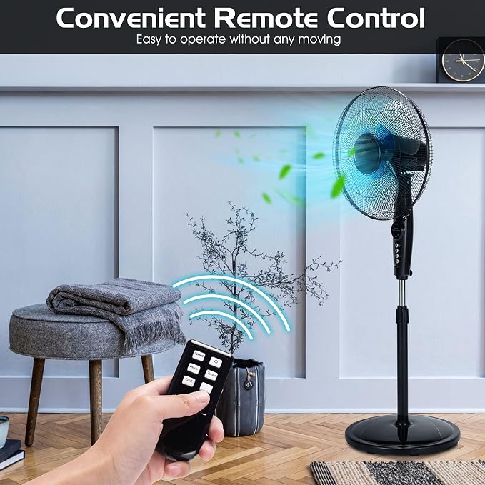 Pedestal Fan, Oscillating Standing Fan with Remote Control & 3 Speeds, Free Stand Fan with Adjustable Height, LCD Display