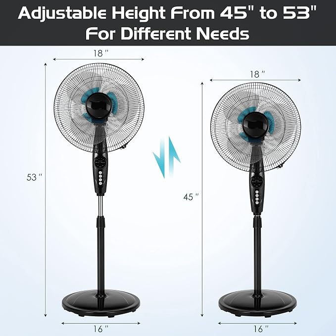 Pedestal Fan, Oscillating Standing Fan with Remote Control & 3 Speeds, Free Stand Fan with Adjustable Height, LCD Display