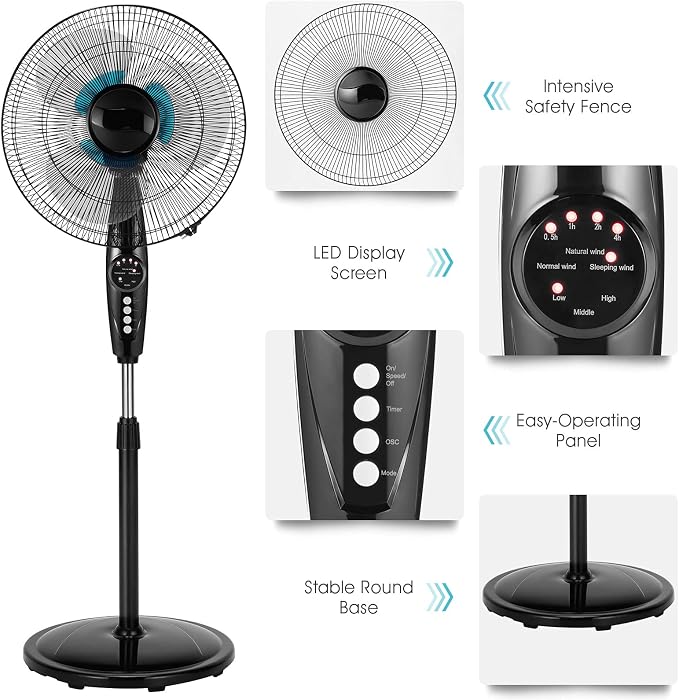 Pedestal Fan, Oscillating Standing Fan with Remote Control & 3 Speeds, Free Stand Fan with Adjustable Height, LCD Display