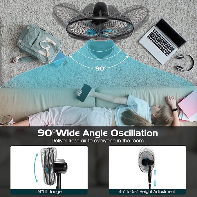 Pedestal Fan, Oscillating Standing Fan with Remote Control & 3 Speeds, Free Stand Fan with Adjustable Height, LCD Display