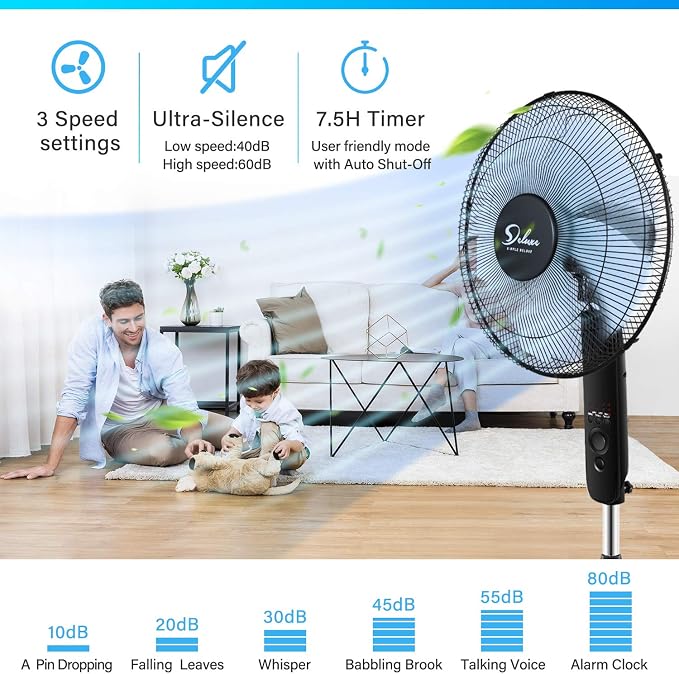 Pedestal Stand Fan with Remote Control for Indoor, Bedroom, Living Room, Home Office & College Dorm Use,3 Speed, Black, 16