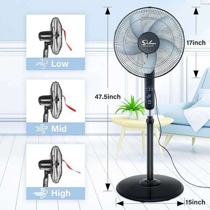 Pedestal Stand Fan with Remote Control for Indoor, Bedroom, Living Room, Home Office & College Dorm Use,3 Speed, Black, 16