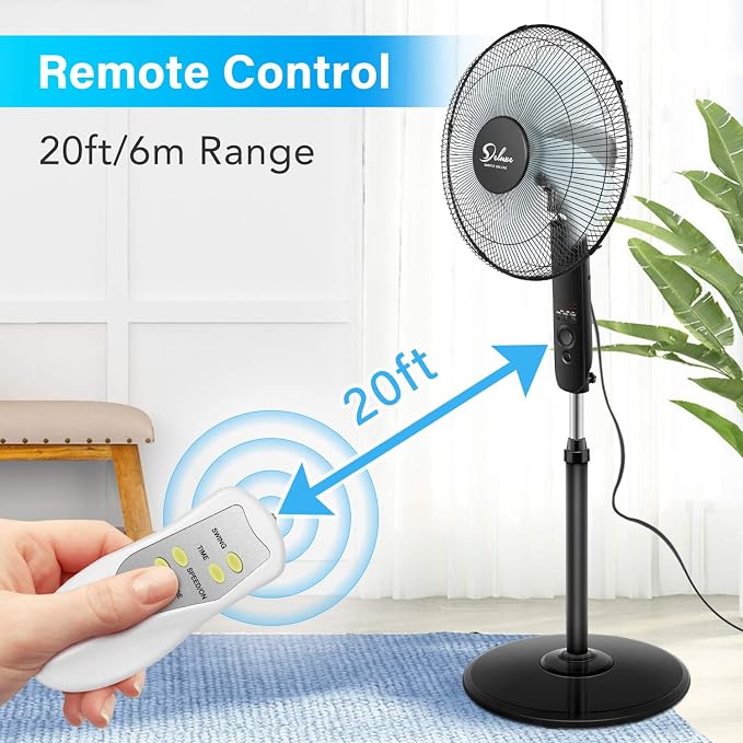 Pedestal Stand Fan with Remote Control for Indoor, Bedroom, Living Room, Home Office & College Dorm Use,3 Speed, Black, 16