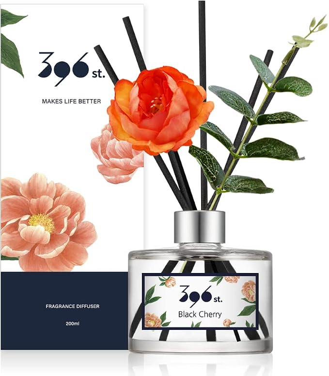 . Peony Flower Reed Diffuser, Black Cherry, 200ml(6.7oz) / Reed Diffuser Sets, Home Fragrance, Scented Oils, Home & Bathroom
