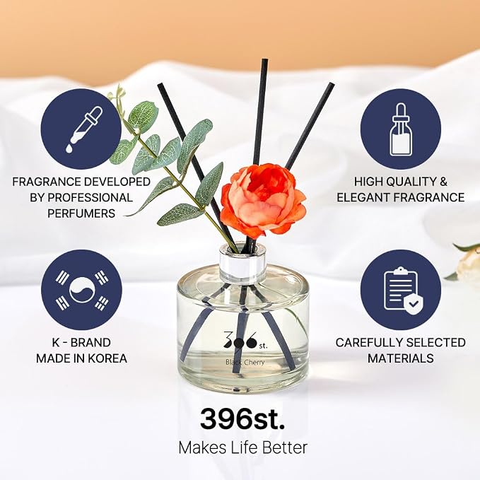 . Peony Flower Reed Diffuser, Black Cherry, 200ml(6.7oz) / Reed Diffuser Sets, Home Fragrance, Scented Oils, Home & Bathroom
