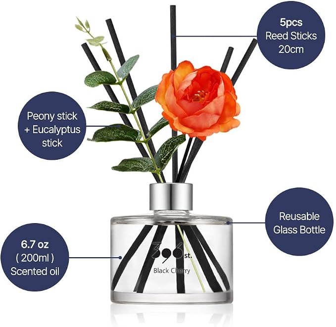 . Peony Flower Reed Diffuser, Black Cherry, 200ml(6.7oz) / Reed Diffuser Sets, Home Fragrance, Scented Oils, Home & Bathroom