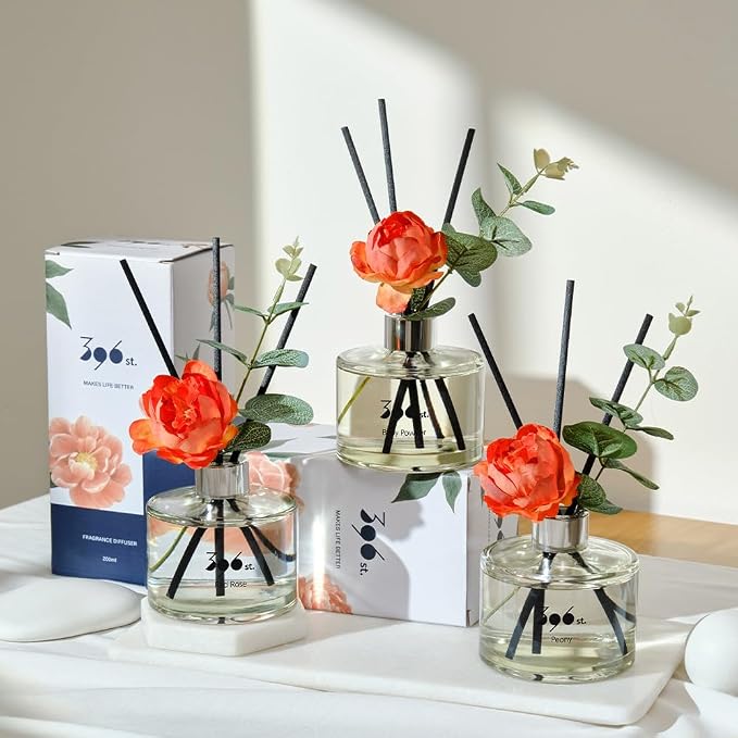 . Peony Flower Reed Diffuser, Black Cherry, 200ml(6.7oz) / Reed Diffuser Sets, Home Fragrance, Scented Oils, Home & Bathroom