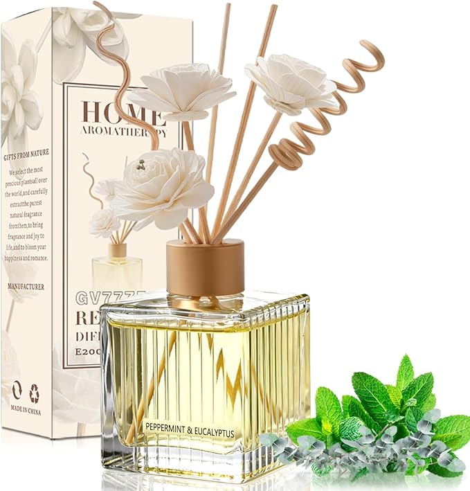 Peppermint & Eucalyptus Reed Diffuser Set-6.7 oz Glass Bottle with 4 Rattan Sticks,3 Dried Flowers,Adjustable,Long-Lasting
