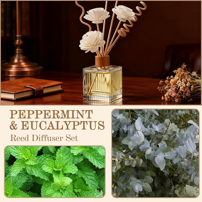 Peppermint & Eucalyptus Reed Diffuser Set-6.7 oz Glass Bottle with 4 Rattan Sticks,3 Dried Flowers,Adjustable,Long-Lasting