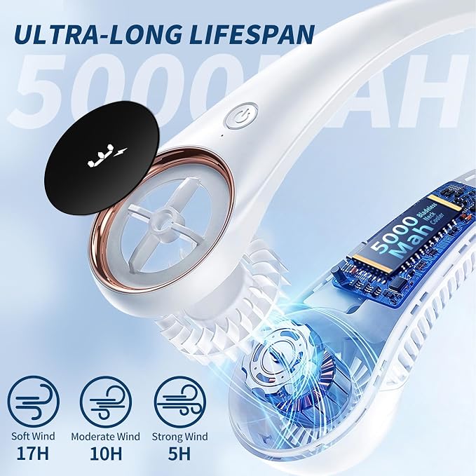 Personal Cooling Portable Neck Fans - 5000 mAh USB Rechargeable,360 Free Rotation & Lower Noise Bladeless Battery Operated