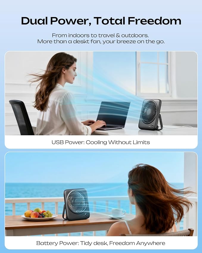 Personal Portable Desk Fan, 4000mAh Small Rechargeable Portable Fan Battery Operated & USB Powered for Travel Sleeping