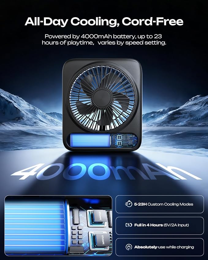 Personal Portable Desk Fan, 4000mAh Small Rechargeable Portable Fan Battery Operated & USB Powered for Travel Sleeping