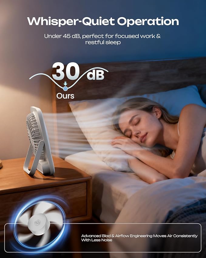 Personal Portable Desk Fan, 4000mAh Small Rechargeable Portable Fan Battery Operated & USB Powered for Travel, alternate view